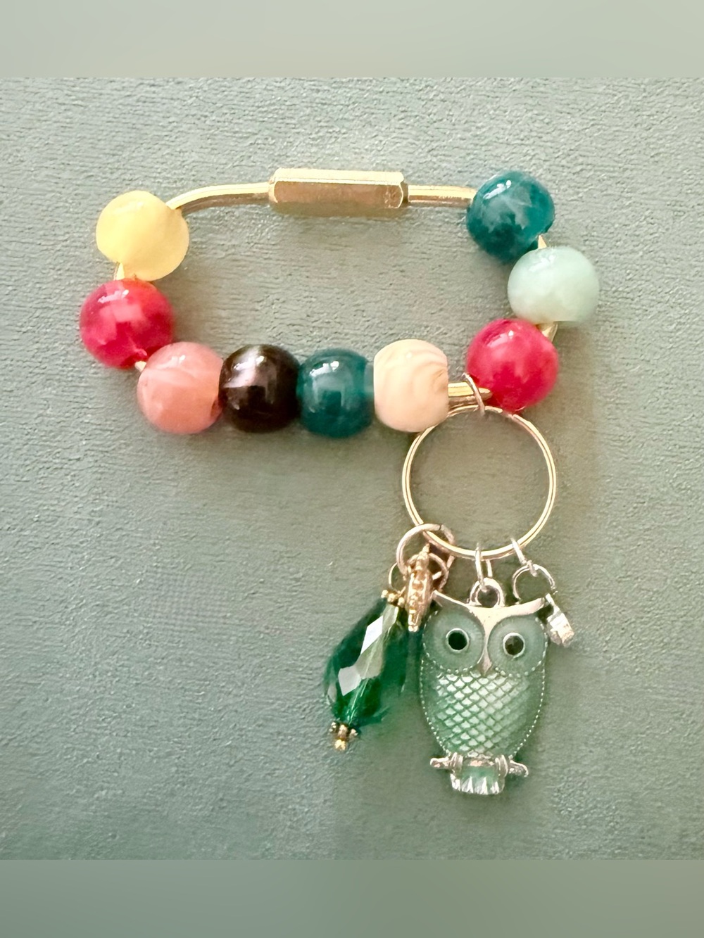 Colorful Beaded Bag Charm with Green Owl Charm